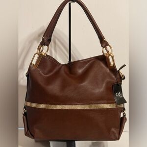 DS NWT Hobo Shoulder Bag Large Rhinestones Bling Gold Hardware Color Coffee